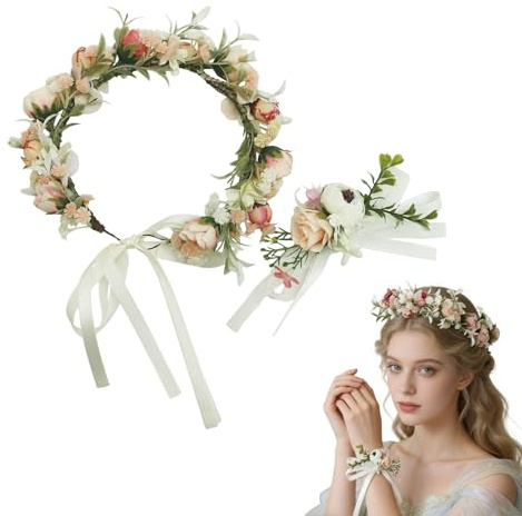 Rusokufo Blumenkrone Boho Rosa mit Armband – Blumenkranz Haarkranz aus Kunstblumen, Einstellbar mit Band, Hochzeits Haarschmuck für Braut, Mädchen & Fotoshooting