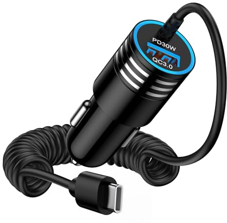48W Kfz Auto Ladegerät mit 1.2M Spiral Kabel USB Zigarettenanzünder Adapter | PD30W & QC 18W Handy Ladegerät Auto USB C für iPhone 17 Pro Max 16 15, Samsung S26 Ultra S25 A57 A56 A55 A36 A35 A17 A16 5G