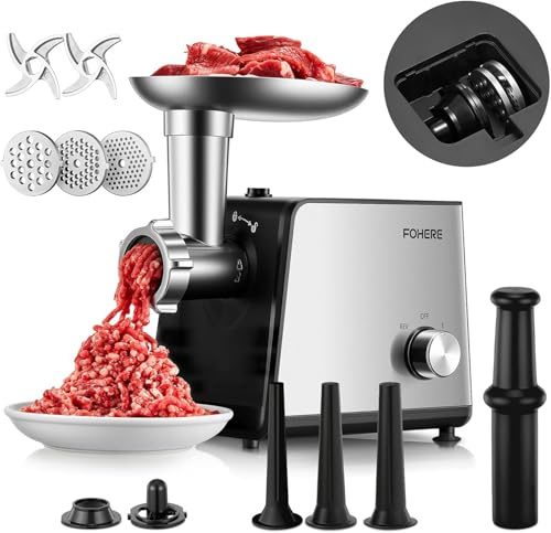 FOHERE Picadora de Carne Eléctrica 3200W Max con 3 Platos y 3 Tubos