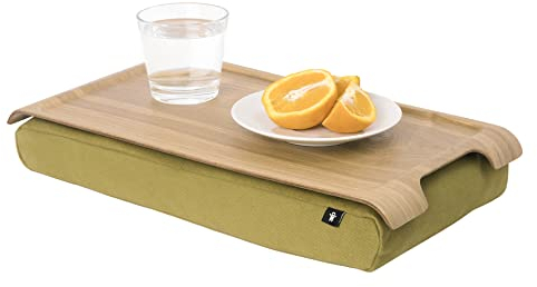 bosign. Knietablett Laptray mit Sitzsack-Kissen für Laptop, Frühstück. Abnehmbarer und waschbarer Kissenbezug. Natürliches Weidenholz. Olivgrünes Kissen. Klein - 43x23x6,5