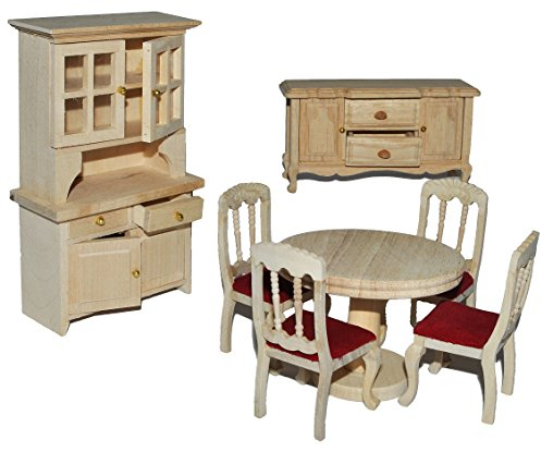 7 TLG. Set: Speisezimmer/Eßzimmer aus hellem Natur Holz - Miniatur - Schrank + 4 Stühle + Tisch + Kommode - Puppenstubenmöbel für Puppenstube Maßstab 1:12 -..