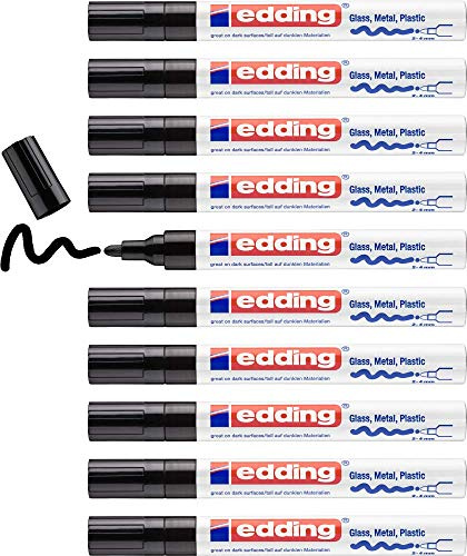 edding 750 Glanzlackmarker - schwarz - 10 Lackmarker - Rundspitze 2-4 mm - Lackstift für Glas, Stein, Holz, Kunststoff und Papier - wasserfest, stark deckend
