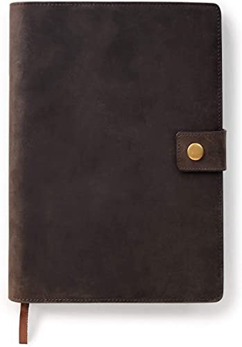 CASE ELEGANCE Funda de cuero de grano completo recargable con cuaderno forrado A5, lazo para bolígrafo, ranuras para tarjetas, broche de latón