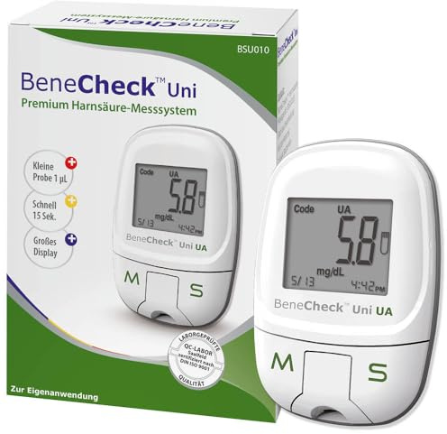 BeneCheck Premium Harnsäure-Messgerät Starterset mit 10 Teststeifen, 10 Lanzetten und Zubehör