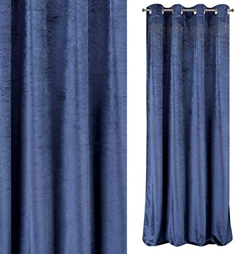 Eurofirany Tenda vellutata Velvet Blu Scuro con Brillanti zirconi e Occhielli Metallici 260 g/m2 140 x 250 cm 1 pz. Morbido Tessuto Spesso, soffice, alla Moda, per Soggiorno, Camera da Letto Glamour.