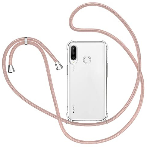 Handykette Hülle für Huawei P30 Lite / P30 Lite New Edition, Smartphone Necklace Handyhülle mit Band Transparent Schutzhülle Stossfest - Schnur mit Case zum Umhängen in Roségold