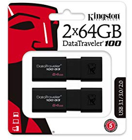 Kingston DT100G3/64GB-2P DataTraveler 100 G3 USB 3.0 USB Flash Drives, 64 GB, Black, Pack of 2