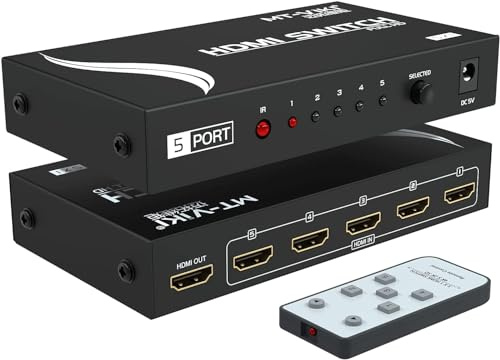 MT-VIKI 4k HDMI Switch 5 in 1 out with IR Remote Control, 5 Port Switcher 3D UHD HDCP Selector Metal Box 4K@30hz for PS4 PS5 TV Fire Stick Roku