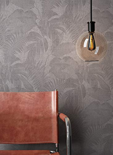 Newroom Vliestapete Grau Dschungeltapete Floral Wohnzimmer Schlafzimmer | Palmenblätter Muster, Silberschimmer, Leinenstruktur, ansatzfrei, Mustertapete Schlafzimmer Flur, Urban Jungle Boho