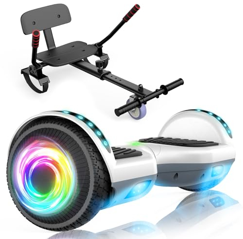 SISIGAD Hoverboard with Seat, 6.5 inch Self Balancing Scooter with Hoverkart, Hoverboards with LED Lights and Bluetooth, Best Gift for Kids and Teenagers
