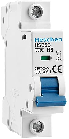 Heschen Leitungsschutzschalter HSB6C, 6 Ampere Strom, 1-polig, Typ B, 6 kA Ausschaltleistung, DIN-Schienenmontage