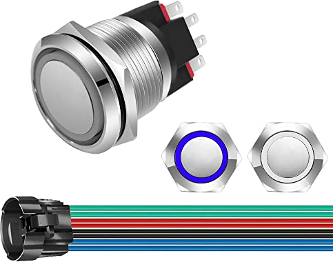 GUUZI Bouton Poussoir Momentané 220V-230V/10A NO/NC Etanche avec Lumière LED Bleue/Blanche Illuminée 22mm Bouton Poussoir de Démarrage en Métal avec Fil de Prise