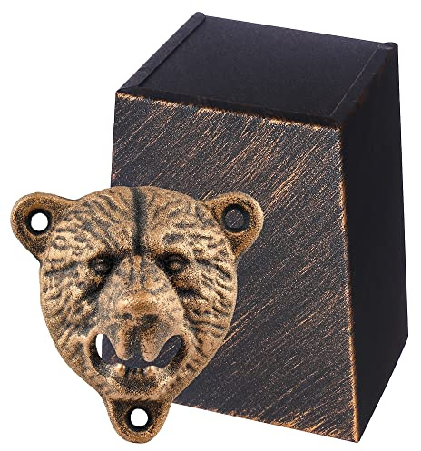 Jumiok Aged Gold Cast Iron Wall Mount Bear Head Bottle Opener with Vintage Narrow Stainless Steel Cap Catcher Collector for Party Gifts