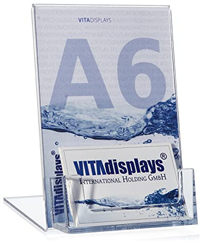 VITAdisplays 10 Stück DIN A6 Werbeaufsteller, L-Ständer, L-Aufsteller mit extra Visitenkartenhalter als Tischaufsteller aus original PLEXIGLAS