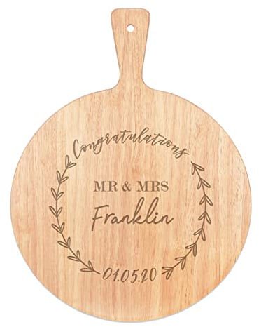 Personalizado Felicitación Nombre Mr & Mrs Boda Círculo Tabla de Quesos Paleta Bandeja Mango Redondo de Madera 45x34cm