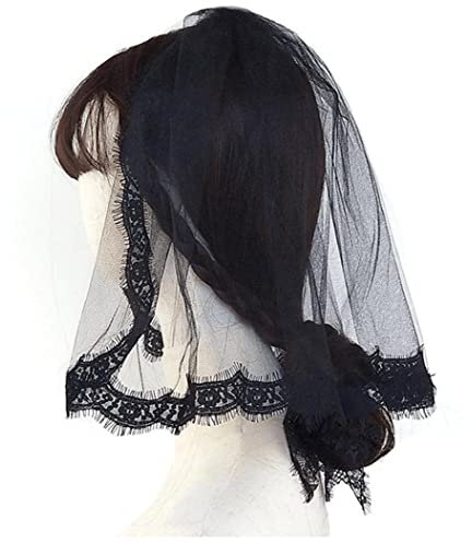 Vepoty Schwarzer Kurzer Schleier 1pc Hochzeit Brautschleier Kamm Halloween Schleier Eleganter Spitzenschleift
