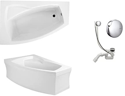 VBChome Badewanne Links 140x90 cm Acryl SET Schürze Siphon Wanne Ecke Eckbadewanne Weiß Design Modern Ablaufgarnitur Wanne Links Schürze Ablaufgarnitur Füße