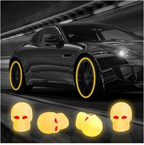 4 Stück leuchtende Totenkopf-Reifen-Luftventile, Ventilkappen, fluoreszierende Reifenventilkappen, universelle Reifenventilkappen für Auto, LKW, SUV, Motorrad, Fahrrad