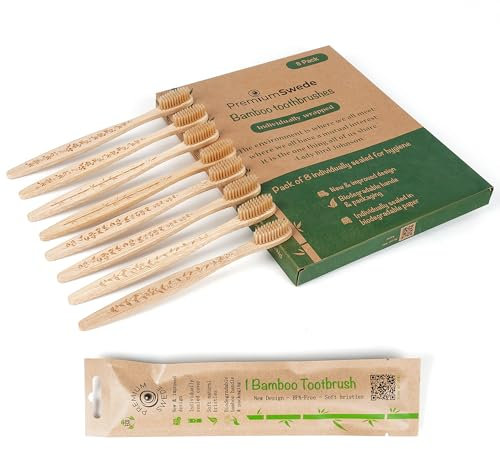 Premiumswede Bamboo Toothbrushes Toothbrushes Individually Wrapped 8 Pack - Eco-Friendly Soft Toothbrush for Adults - Biodegradable, Natural Wooden Toothbrushes - Sealed Travel Toothbrush