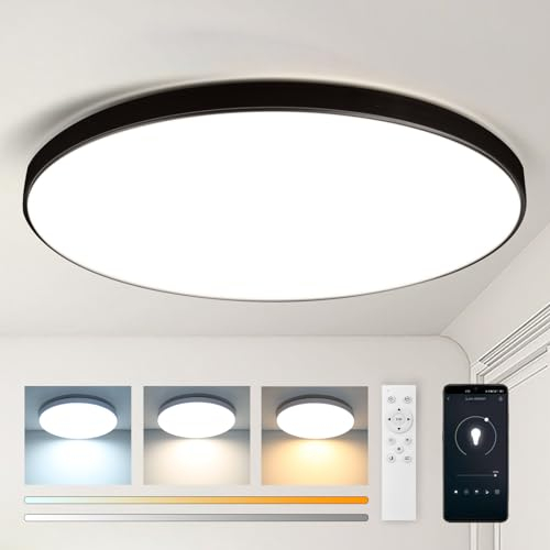 CANMEIJIA LED Deckenleuchte Flach mit Fernbedienung, 24W Deckenlampe 3000K-6500K, IP44 Schwarz Deckenlampe Dimmbar Rund für Wohnzimmer, Schlafzimmer, Kinderzimmer, Küche, Badezimmer Ø32CM