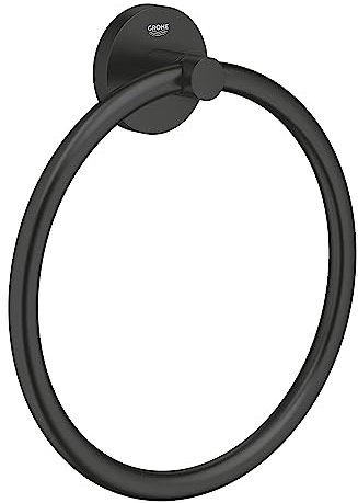GROHE Start QuickFix Towel Ring (Metal, Concealed Fastening, Including Screws and Dowels, Extra Easy to Fit QuickGlue), Size 200 mm, Matt Black, 411742430