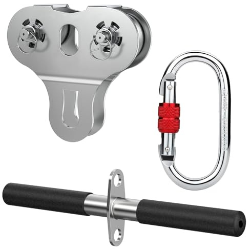 Fologtoo Polea de tirolesa, polea doble de velocidad en tándem de acero inoxidable 304 con mosquetón y asa para cable de 1/4 5/16 3/8 para patio trasero, transporte, aparejo y fines comerciales