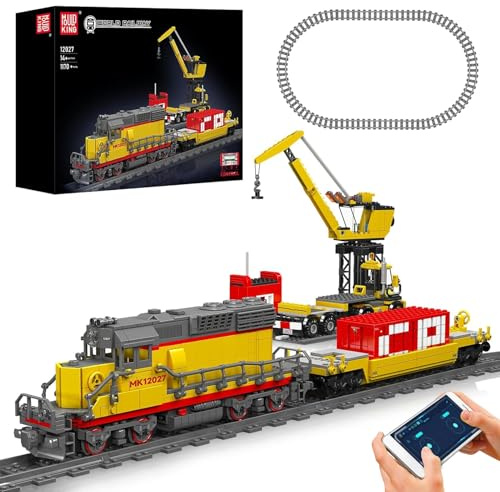 Mould King 12027 Diesel Locomotive Train Building Sets with a Semi-Trailers, Cranes, Remote/App Control Engineering Toy Kit, Scale Model with Trains Tracks for Adults(1170 Pieces)