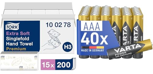 Tork extra weiche Zickzack Papierhandtücher Premium 100278 - H3 Falthandtücher für Zickzack Papierhandtuchspender - besonders saugfähig & VARTA Batterien AAA