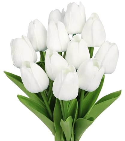 CHUANGOUONLY 12 Stück Gefälschte Blume Tulpe，Gefälschte Tulpen Blumen Blumensträuße，für Hochzeitszimmer Home Hotel Party Dekoration und DIY Decor.（weiß）