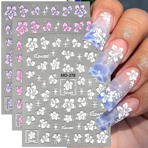 Geprägt Blume Nagelsticker Selbstklebend Rosa Weiß Lila Hibiscus Nail Sticker Relief Hibiskus Blumen Nagel Stickers Stern Floral Nagelaufkleber Flower Nagel Sticker Nageldesign Nägel Zubehör Nail Art
