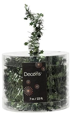Kaemingk Weihnachtsgirlande 7m x 3cm inkl. Sterne - Lametta Girlande - Sternengirlande mit feinem Draht zum Dekorieren und Basteln - Piniengrün