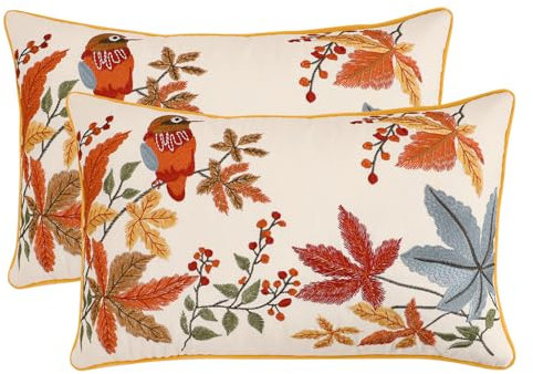 Tosleo Throw Pillow Covers Flower Embroidery 12 x 20 inch Spring Summer Cushion Cover Pillowcase Floral Set of 2 Maple Leaves Bird Decorative for Garden Sofa Living Room Bed Couch Car Gift Home Deco