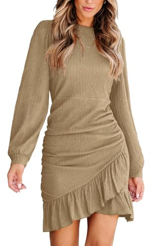 CUPSHE Abito da donna in maglia con ruches, scollo a giro, maniche lunghe, svasato, con volant, aderente, sexy, casual, ideale per le vacanze, mini abito, Cachi, XX-Large