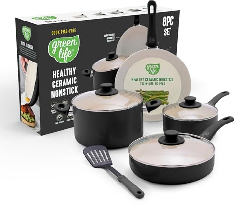 GreenLife Soft Grip 8-teiliges Kochgeschirr-Set, ungiftig, PFAS-frei, Keramik, antihaftbeschichtet, Braten, Soße, Sautieren, Utensilien, Glasdeckel, kühlbleibende Griffe, wackelfrei, spülmaschinen-