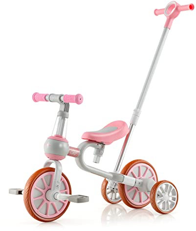 GOPLUS 4 in 1 Kinder Dreirad, Balance Fahrrad mit verstellbarem Schiebegriff, 2-stufiger Sitzhöhe und umkehrbarem Lenker, Laufrad für Kinder im Alter von 2-4 Jahre (Rosa)