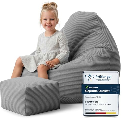 DreamRoots Sitzsack Kinder Cord 70x70x70 cm, Frost Gray | Bean Bag Sofa, 70x70x70 cm, mit Hocker & Bezug, mit Füllung, waschbar, für Kinder & Kinderzimmer