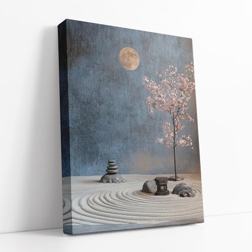 Lithobee - Zen Garden with Moonlit Cherry Blossom and Stone Arrangements Art Canvas Only 24x18inch(64x48cm) - Style No: 721