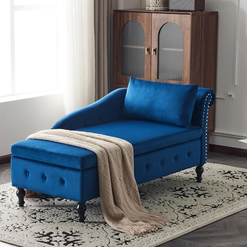 Modernes Samt-Chaiselongue-Sofa mit Stauraum, gepolsterter Loungesessel mit Kissenknopf, getuftet und Nagelkopfbesatz, Innenbereich, rechte Armlehne, Couch für Wohnzimmer, Schlafzimmer, Büro, Blau