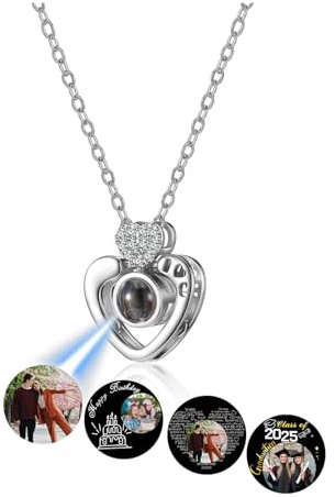 PiercingJak Personalisierte Kette mit Bild Projektion Halskette Foto im Stein Herz Anhänger Erinnerung Schmuck Liebe Freundschaft Geschenke für Beste Freundin Mama Oma Schwester Frauen Mädchen