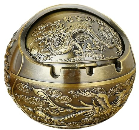 Chiorgone Cenicero de metal vintage con diseño de dragón chino y fénix con tapa resistente al viento, acabado de bronce en relieve, soporte decorativo para ceniza de mesa Feng Shui para el hogar