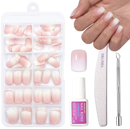 Short Press on Nails Set - 120PCS Ombre Oval False Nails - Nude White Fake nails with Glue - Stick on Nails for Women Girls - 12 Sizes Round Square Glue on nails Long Lasting for DIY Manicure