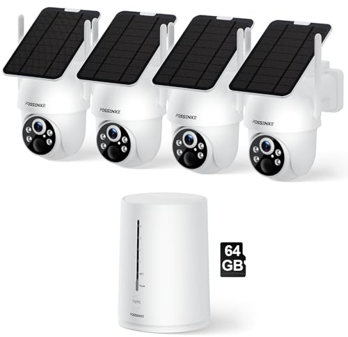 FOSSENXE 2K Camera Surveillance WiFi Exterieure Solaire, Kit 4 Caméras avec Homebase, Zéro Frais, PTZ 360°, Stockage Local 64G, 4MP Caméra sans Fil avec Détection Mouvement PIR, Vision Nocturne