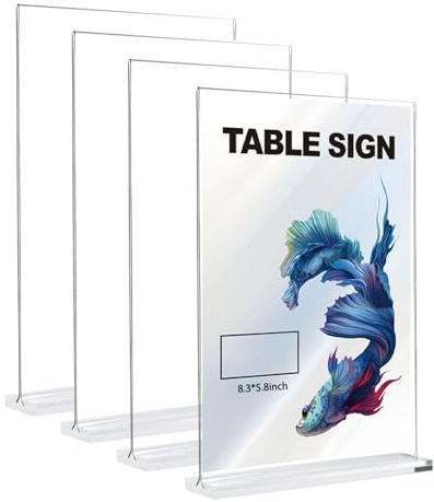 Lot de 4 présentoirs de table A5 - Étiquettes de prix - Présentoir de table - Double face - Porte-cartes de menu vertical en acrylique - Support en T - Double face - Pour prospectus, carte de menu
