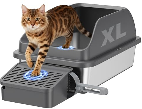 Zivacate Kattlåda i rostfritt stål (XXL, 60×40 cm) – med lutande ingång, höga kanter, spade, pedal, luktresistent och lätt att rengöra, grå