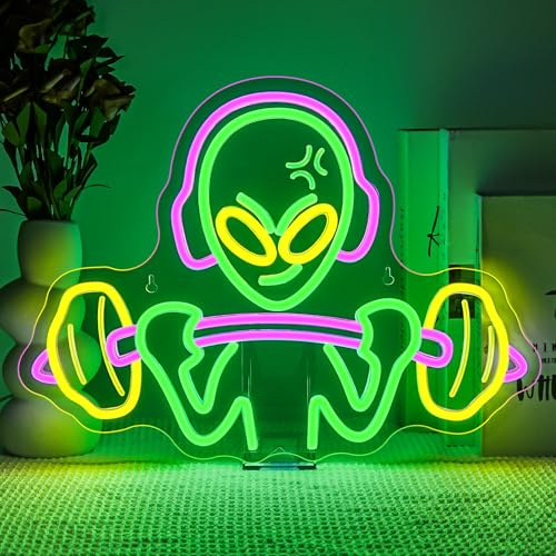 SIGNSHIP Alien Lift a Barbell Neon Light Sign,Alien LED Sign Dimmable for Decoration, Led Signs Wall Decor for Gym,Man Cave,Family Room,Children's Room,Gift for Boy