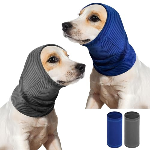 2 Pcs Dog Calming Hoodie Anxiety Relief Dog Ear Wrap Cover Noise Protection Dogs Ears Cover Soft Elastic Neck Band Noise Cancelling Ears Muffs Dogs Head Wrap for Calming Pet Neck Ear (Blue + Gray, S)