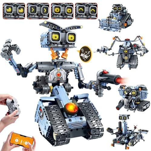 HiWEEGO Changeable LED Eyes Robot Building Set- 5 in 1 Remote & App-Controlled Robotic Building Block RC Elephant/Bulldozer/Tank/Tracked Model Kit Toys Gift for Kids Boys Girls Teens Age 12+ Years Old