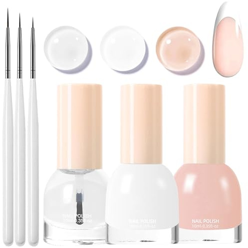 French Manicure Nagellack Set - Schnell trocknend & Langanhaltend Nail Polish mit 3 dünnem Nail Art Pinsel, ungiftiger Nagellack auf Wasserbasis für DIY Nageldesign, Kein UV-Lampe (Nude)
