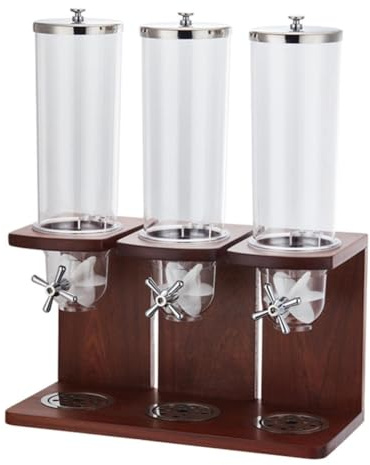 ZMJGLL Easy Clean Cereal Dispenser,Triple Canister Dry-Food Dispenser,Countertop Cereal Storage Dispenser with PC Barrel & Wooden Base for Rice