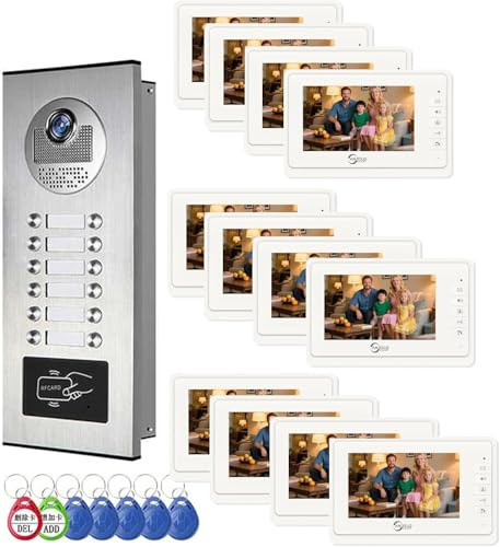 ANJIELO SMART Wired Video Apartment Intercom System,Video Doorbell Camera,7 inch Monitor, Outdoor Front Door Camera,Night Vision, Two-Way Audio,ID Card Unlock (12 Monitor)